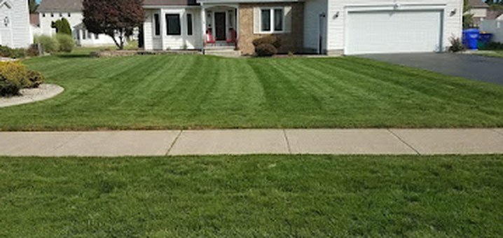 Detail of clean mowing stripes across a healthy green lawn
